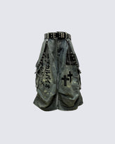 Gothic Washed Denim Shorts with Chains