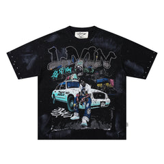 BKYS Hip Hop Rapper Taxi Black Star Washed Oversized Graphic T‑Shirt