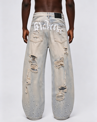Pearl Rhinestone Ripped Barrel Washed Denim Pants