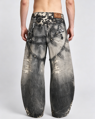 Leopard Print Spiked Graphic Barrel Denim Pants