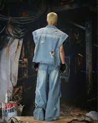 Punk Double-Knee Cutout Washed Denim Pants