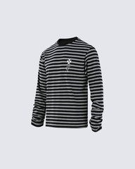 Subculture Cross Embroidered Striped Long Sleeve