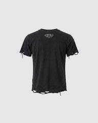 KIIKIO-New Y2K Distressed Union Graphic Washed Black T-Shirt