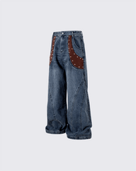 Leather Patch Pocket with Studded Detail Denim Pants