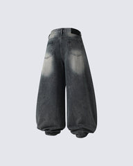 Washed Rhinestone Balloon Leg Jeans