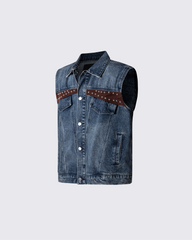 Leather Patch Studded Denim Vest