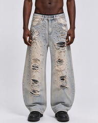 Pearl Rhinestone Ripped Barrel Washed Denim Pants