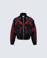 Black and Red Crocodile-Patterned Leather Patchwork Jacket
