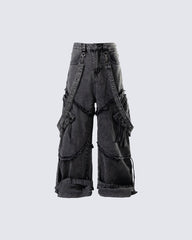 Detachable Strap Dark Heavy Deconstructed Jeans