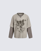 Layered Graphic Ribbed Long Sleeve T-Shirt