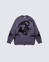 American Retro Skull Jacquard Raw-Edge Long-Sleeve Sweater
