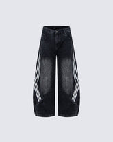 Striped Panel Washed Denim Pants