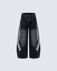 Striped Panel Washed Denim Pants