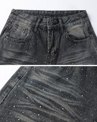 Washed Rhinestone Balloon Leg Jeans