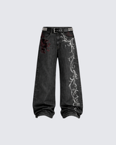 Dragon Embroidery Gothic Loose Denim Pants
