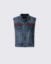 Leather Patch Studded Denim Vest