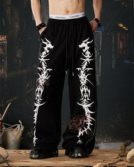 Y2K Dark Dragon Rose Rhinestone Straight Leg Sweatpants