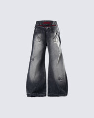 New Dark Washed Red Embroidery Flared Denim Jeans