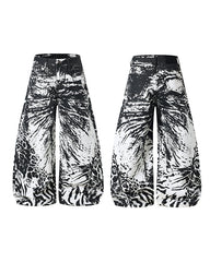 Monochrome Abstract Graphic Wide Leg Denim Pants