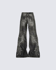Angel Wing Print Distressed Wide-Legged Jeans