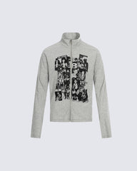 Ribbed Graphic Zip-Up Long Sleeve