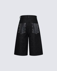 Deconstructed Wide Leg Faux Leather Denim Shorts