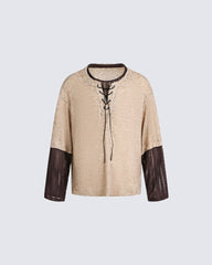 Lace-Up Neck Layered Knit T-Shirt