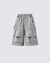 Vintage Distressed Loose Denim Cargo Shorts