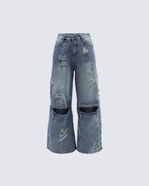 Punk Double-Knee Cutout Washed Denim Pants