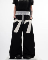 Double Waistband Number Patch Wide Leg Sweatpants