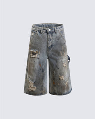 American Retro Distressed Cargo Denim Shorts