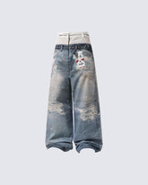 American 3D Digital Print Double Waistband Jeans