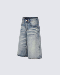 Retro Washed Whisker-Effect Denim Shorts