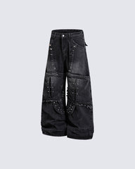 Dark Punk Deconstructed Rivet Panel Denim Pants