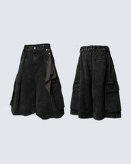 Washed Cargo Denim 8/10 Pants w/ Detachable Bandana-Black