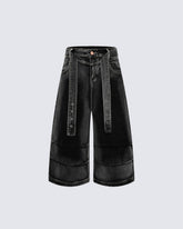 American High-Street Belted Wide-Leg Denim Shorts