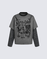 Gray-Black Distressed Graffiti Layered Sweatshirts