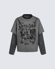 Gray-Black Distressed Graffiti Layered Sweatshirts