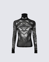 Gothic Mesh Long Sleeve Top with Graphic Print