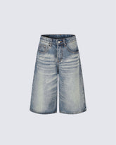 Retro Washed Whisker-Effect Denim Shorts