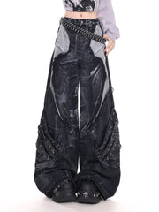 Vintage Washed Patchwork Lace-Up Wide Jeans