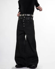 Rivet Patchwork Leather Panel Denim Pants
