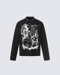 Gothic Graphic Studded Collar Long Sleeve Tee