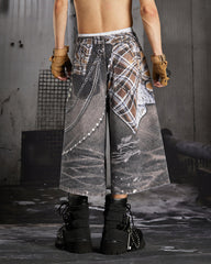 Wasteland Plaid Chain Print Wide Denim Shorts