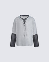 Lace-Up Neck Layered Knit T-Shirt