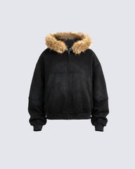 Boxy Zip Fur Collar Hoodie