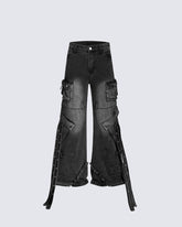 Distressed Cargo Pants with Strap Details