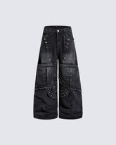 Dark Punk Deconstructed Rivet Panel Denim Pants