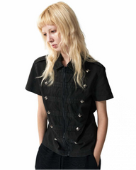 Retro Trendy Rhinestone Lapel Zipper T-Shirt