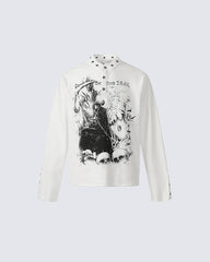 Gothic Graphic Studded Collar Long Sleeve Tee